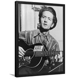 Woody Guthrie Black And White Print, Woody Guthrie Playing Guitar Framed Art Print Wall Art Decor,Framed Picture