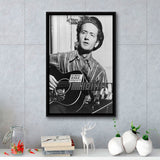 Woody Guthrie Black And White Print, Woody Guthrie Playing Guitar Framed Canvas Prints Wall Art Home Decor, Floating Frame