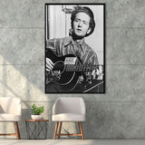 Woody Guthrie Black And White Print, Woody Guthrie Playing Guitar Framed Canvas Prints Wall Art Home Decor, Floating Frame