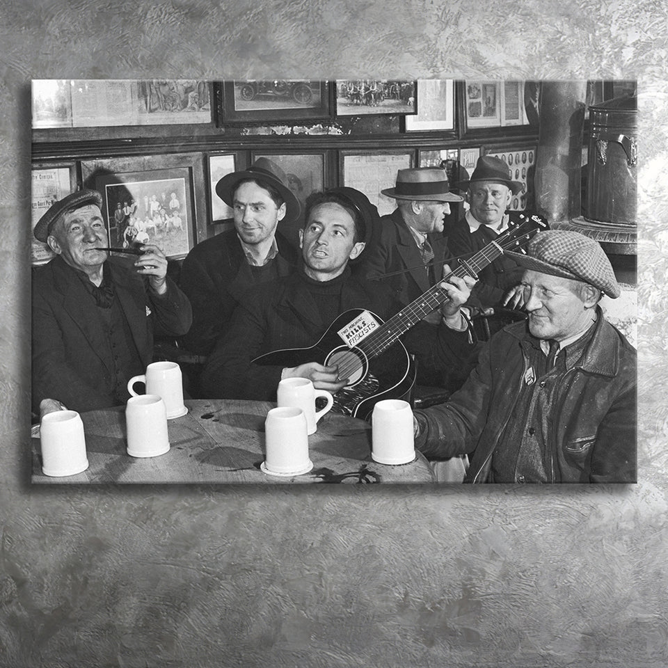 Woody Guthrie Playing Guitar Photo Black And White Print, Music Canvas Prints Wall Art Home Decor