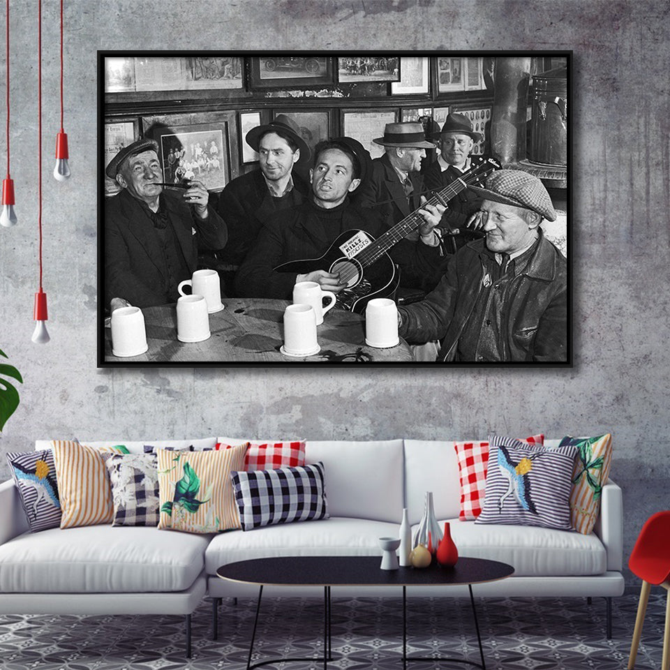 Woody Guthrie Playing Guitar Photo Black And White Print, Music Framed Canvas Prints Wall Art Home Decor,Floating Frame