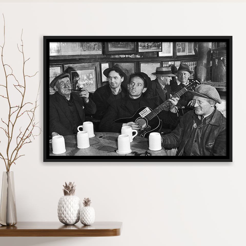 Woody Guthrie Playing Guitar Photo Black And White Print, Music Framed Canvas Prints Wall Art Home Decor,Floating Frame