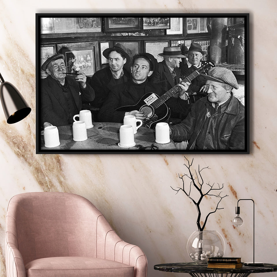Woody Guthrie Playing Guitar Photo Black And White Print, Music Framed Canvas Prints Wall Art Home Decor,Floating Frame