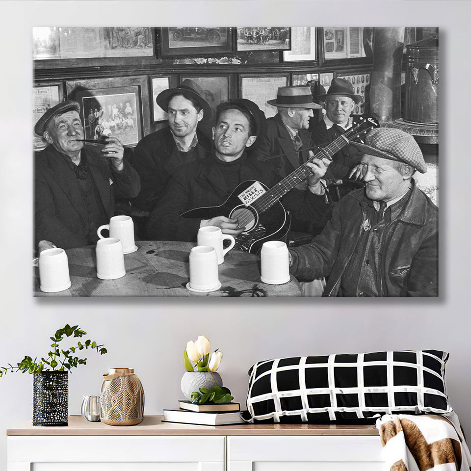 Woody Guthrie Playing Guitar Photo Black And White Print, Music Canvas Prints Wall Art Home Decor