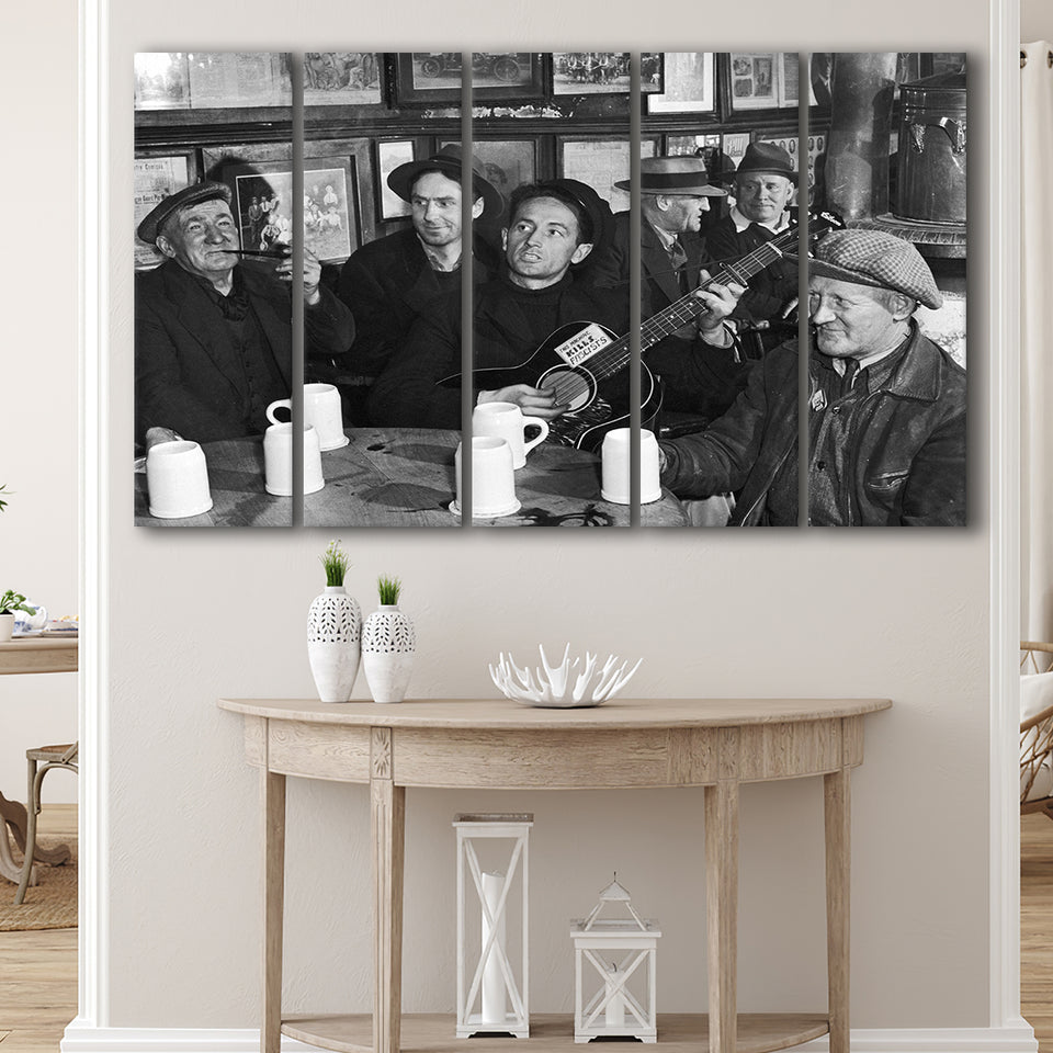 Woody Guthrie Playing Guitar Photo Black And White Print, Music Larger Canvas Art, 5 Piece Canvas Prints Wall Art Decor
