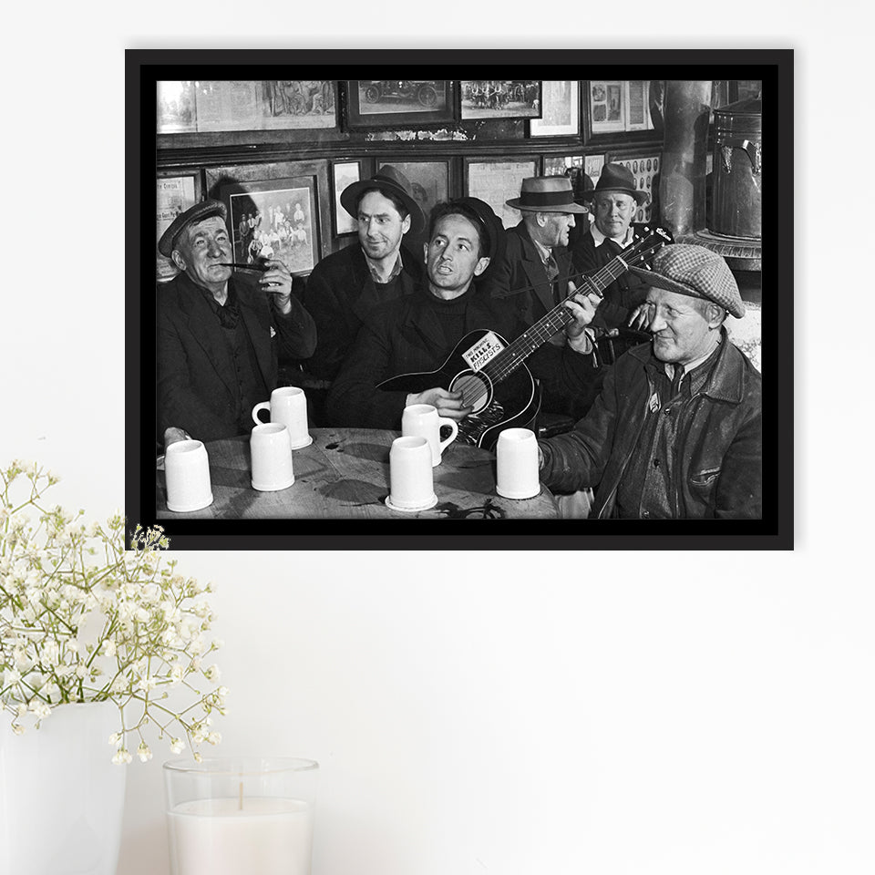 Woody Guthrie Playing Guitar Photo Black And White Print, Music Framed Canvas Prints Wall Art Home Decor,Floating Frame