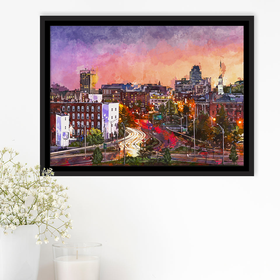 Worcester Massachusetts Usa Downtown Skyline City Art Watercolor Framed Canvas Prints Wall Art Home Decor,Floating Frame