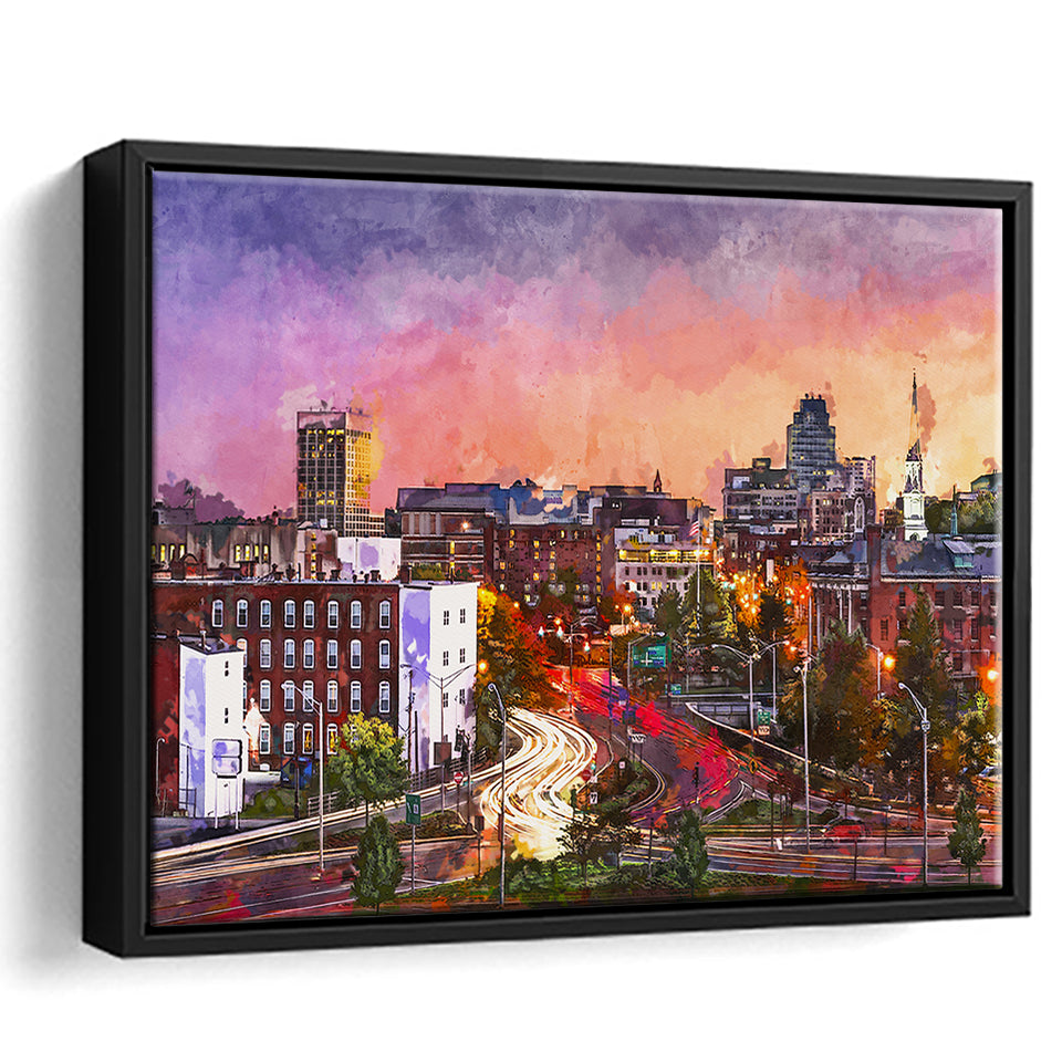 Worcester Massachusetts Usa Downtown Skyline City Art Watercolor Framed Canvas Prints Wall Art Home Decor,Floating Frame