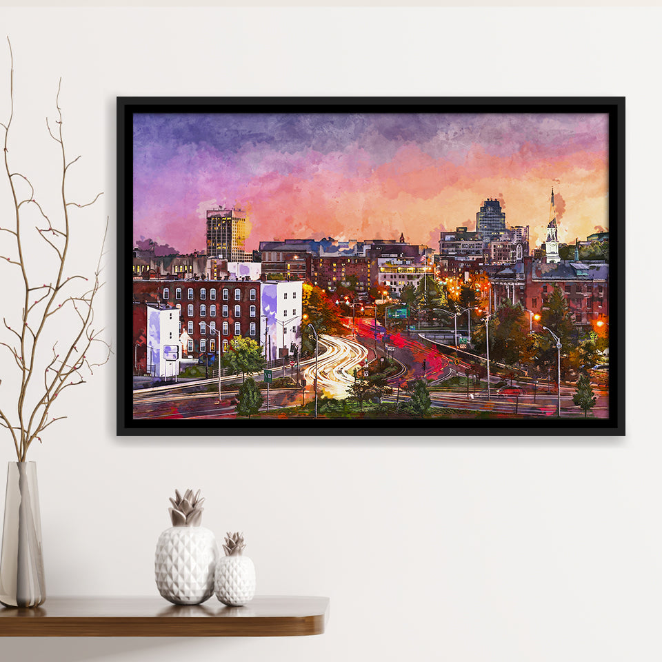 Worcester Massachusetts Usa Downtown Skyline City Art Watercolor Framed Canvas Prints Wall Art Home Decor,Floating Frame