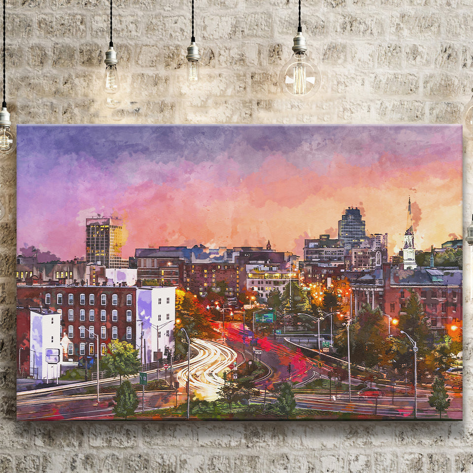 Worcester Massachusetts Usa Downtown Skyline City Art Watercolor Canvas Prints Wall Art Home Decor, Large Canvas