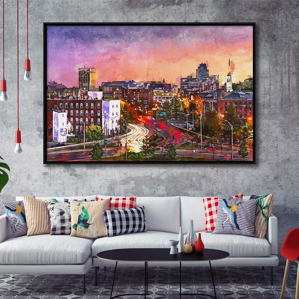 Worcester Massachusetts Usa Downtown Skyline City Art Watercolor Framed Canvas Prints Wall Art Home Decor,Floating Frame