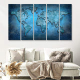 World Map Canvas Blue Abstract World Map 5 Piece Canvas Prints Wall Art - Painting Prints, Wall Decor,Multi Panels
