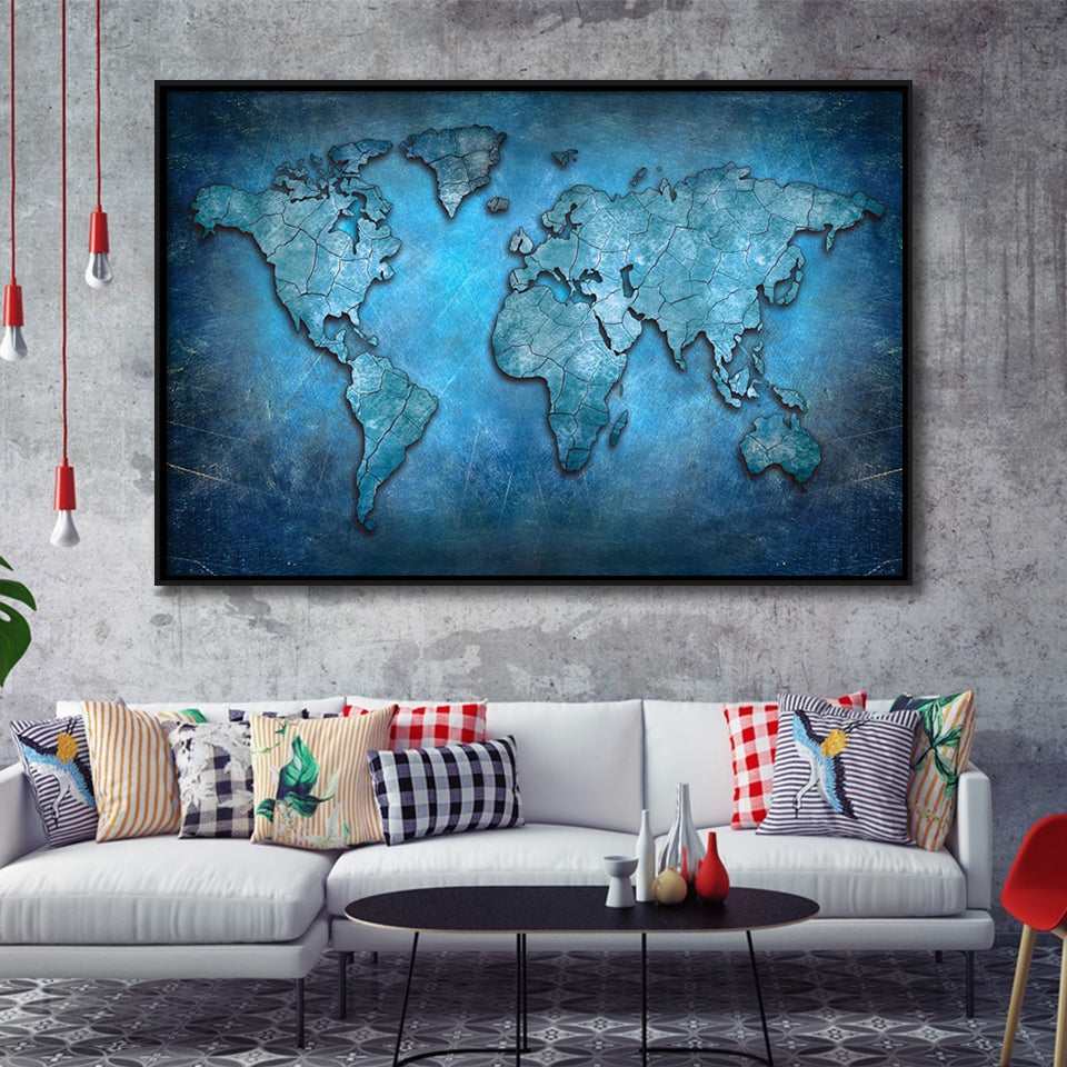 World Map Canvas Blue Abstract World Map Framed Canvas Prints Wall Art - Painting Prints, Wall Decor, Floating Frame