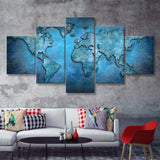 World Map Canvas Blue Abstract World Map 5 Piece Canvas Prints Wall Art - Painting Prints, Wall Decor,Multi Panel
