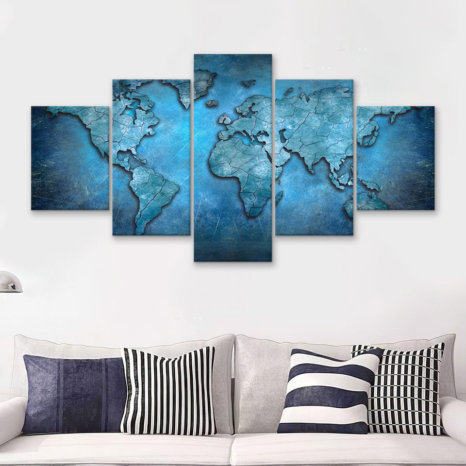 World Map Canvas Blue Abstract World Map 5 Piece Canvas Prints Wall Art - Painting Prints, Wall Decor,Multi Panel