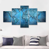 World Map Canvas Blue Abstract World Map 5 Piece Canvas Prints Wall Art - Painting Prints, Wall Decor,Multi Panel
