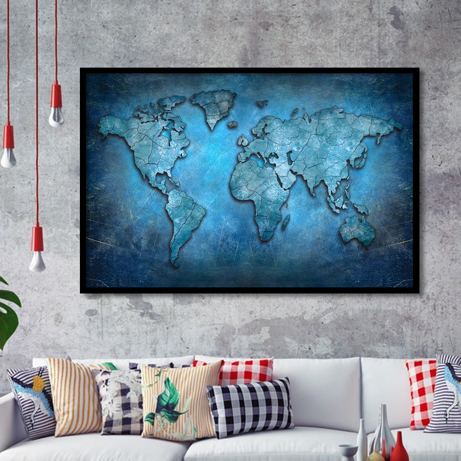 World Map Canvas Blue Abstract World Map Framed Art Prints Wall Decor - Painting Prints, Framed Picture