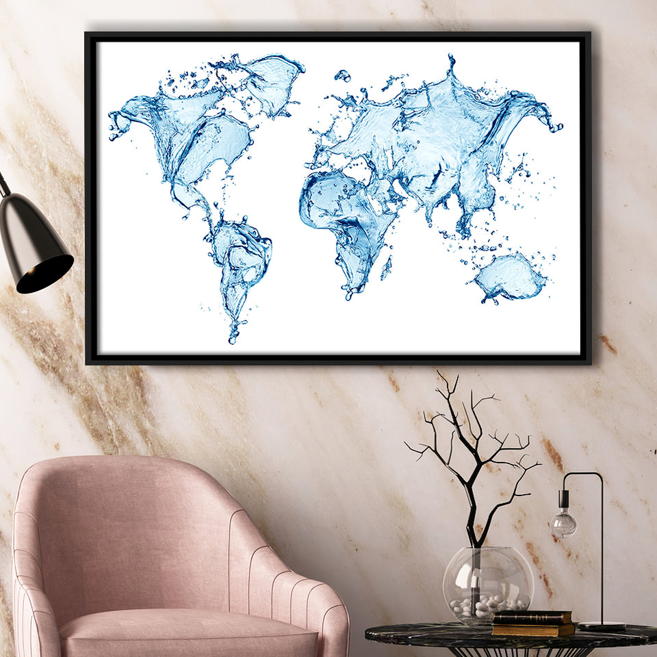 World Map Water Framed Canvas Prints Wall Art Decor, Framed Picture, Floating Frame