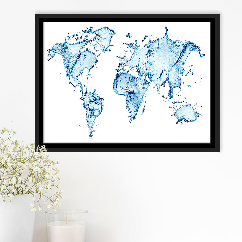 World Map Water Framed Canvas Prints Wall Art Decor, Framed Picture, Floating Frame