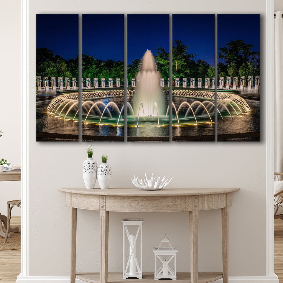 World War 2 Memorial Fountain, Washington Monument 5 Panels B,Large Canvas,Canvas Prints Wall Art Home Decor