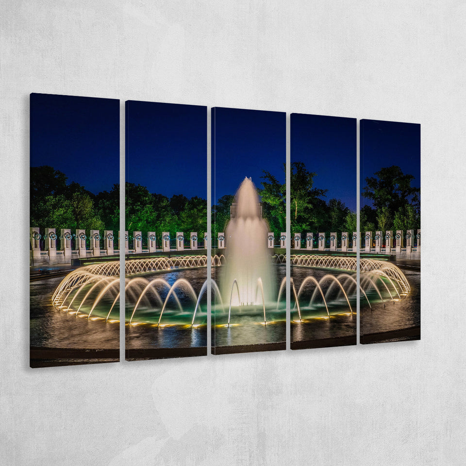 World War 2 Memorial Fountain, Washington Monument 5 Panels B,Large Canvas,Canvas Prints Wall Art Home Decor