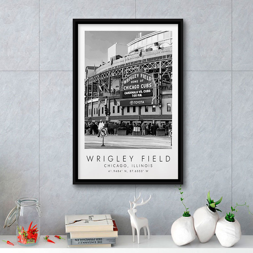 Wrigley Field Chicago Cubs 1 Baseball Lovers Black And White Art Framed Canvas Prints Wall Art Home Decor, Floating Frame