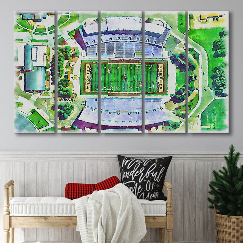 Wyoming Cowboys Jonah Field at War Memorial Stadium Watercolor, 5 Pieces B, Multi Panel Canvas Prints Wall Art Decor