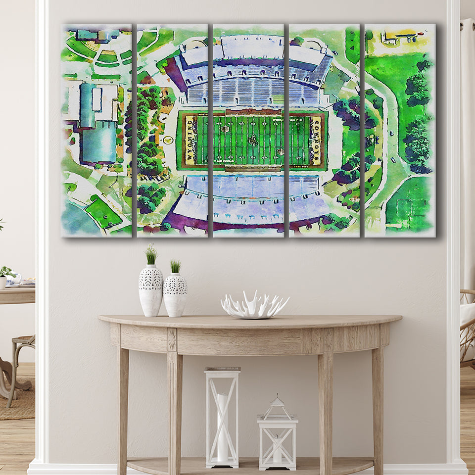 Wyoming Cowboys Jonah Field at War Memorial Stadium Watercolor, 5 Pieces B, Multi Panel Canvas Prints Wall Art Decor