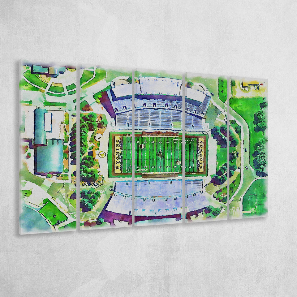 Wyoming Cowboys Jonah Field at War Memorial Stadium Watercolor, 5 Pieces B, Multi Panel Canvas Prints Wall Art Decor