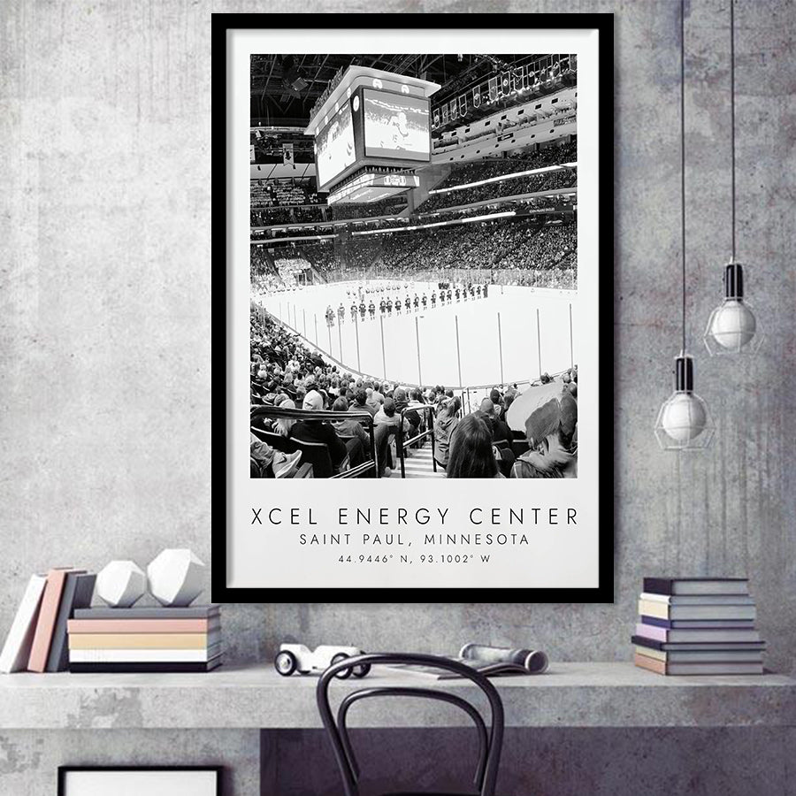 Xcel Energy Center Minnesota Wild Ice Hockey Lovers Black And White Art Framed Art Prints Wall Art Decor, Framed Picture