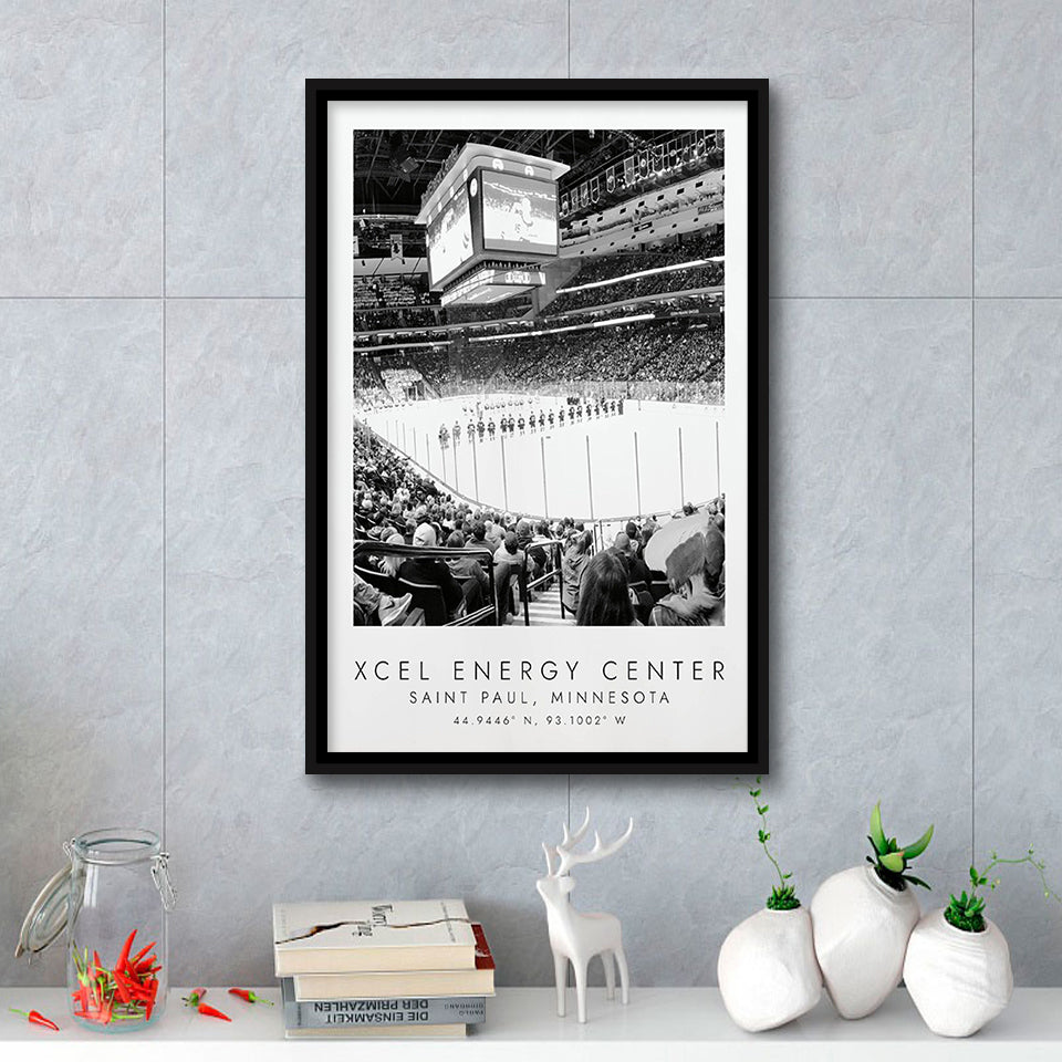 Xcel Energy Center Minnesota Wild Ice Hockey Lovers Black And White Art Framed Canvas Prints Wall Art Home Decor, Floating Frame