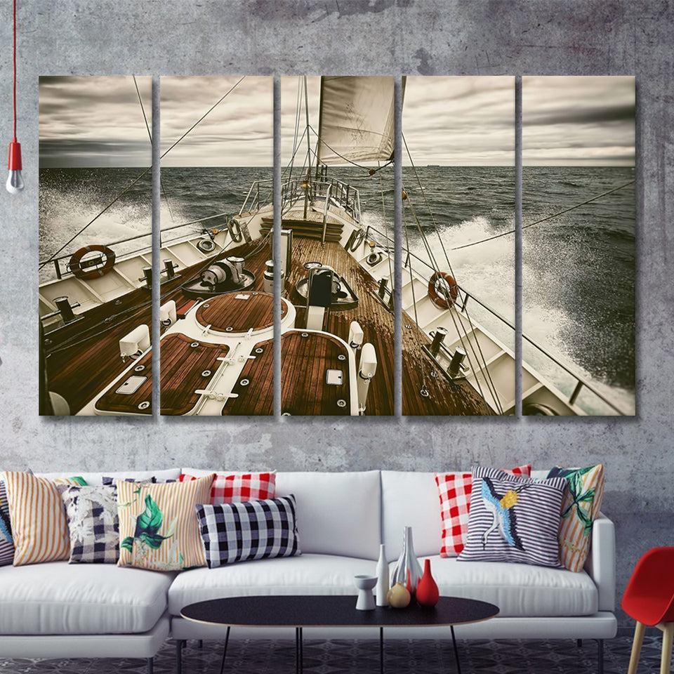Yacht In The Ocean 5 Pieces Canvas Prints Wall Art - Painting Canvas, Multi Panels, Wall Decor