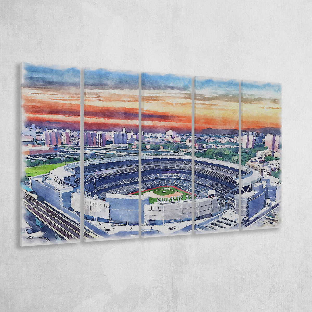 Yankees Baseball Yankee Stadium Watercolor, 5 Pieces B, Multi Panel Canvas  Prints Wall Art Decor