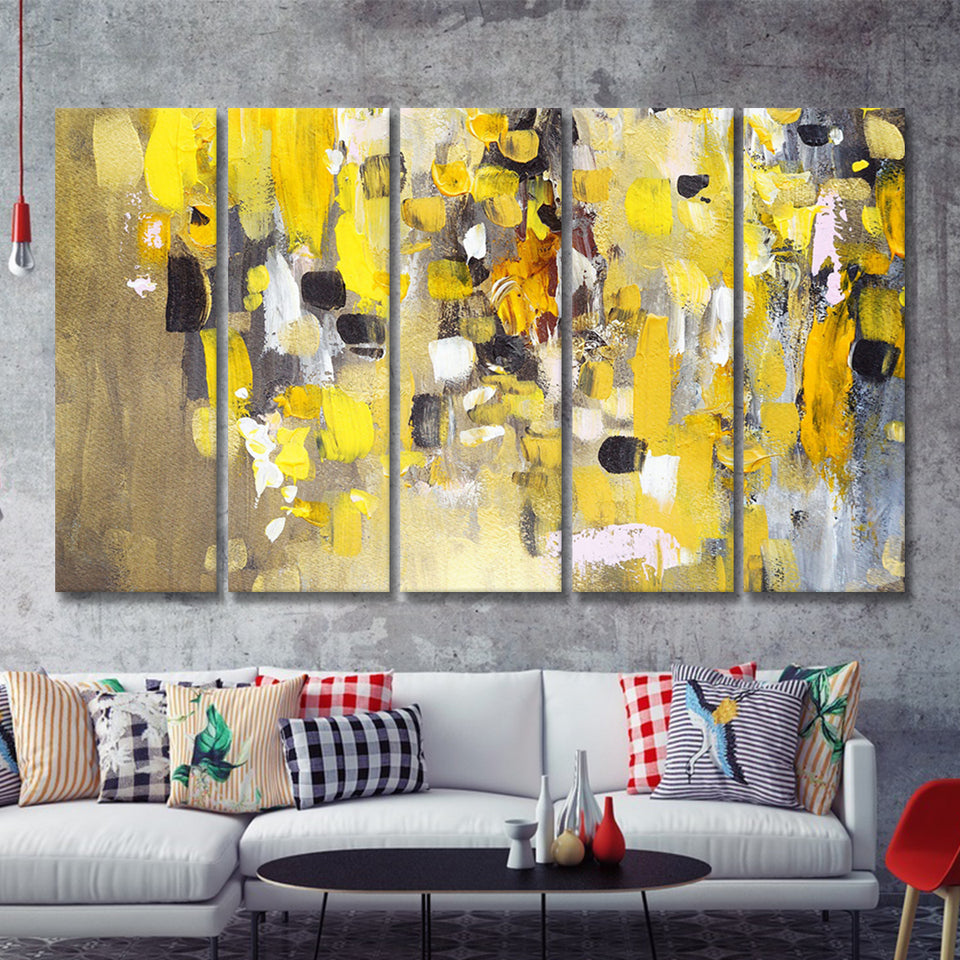 Yellow Brush Strokes Oil Abstract Ar 5 Piece B Canvas Prints Wall Art Decor - Painting Canvas, Multi Panels