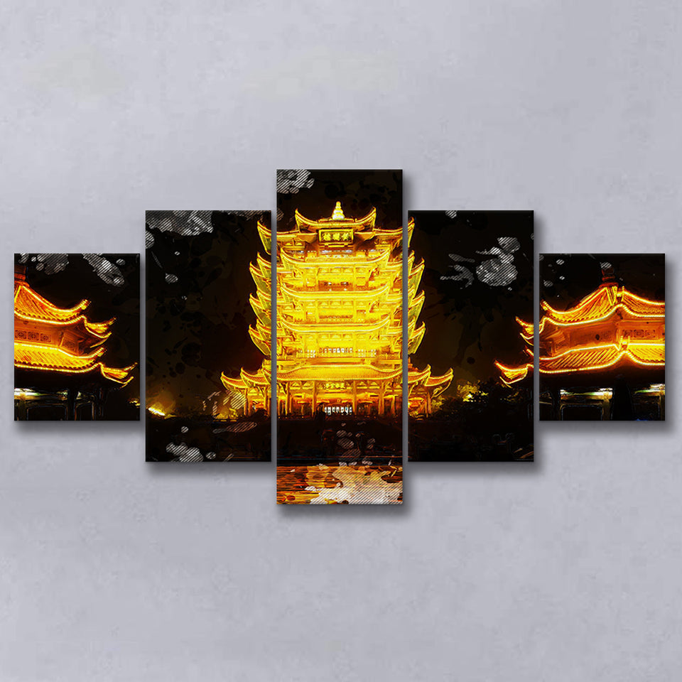 Yellow Crane Tower in Wuhan 5 Pieces Canvas Prints Wall Art Decor - Painting Canvas, Mixed Canvas, Multi Panels