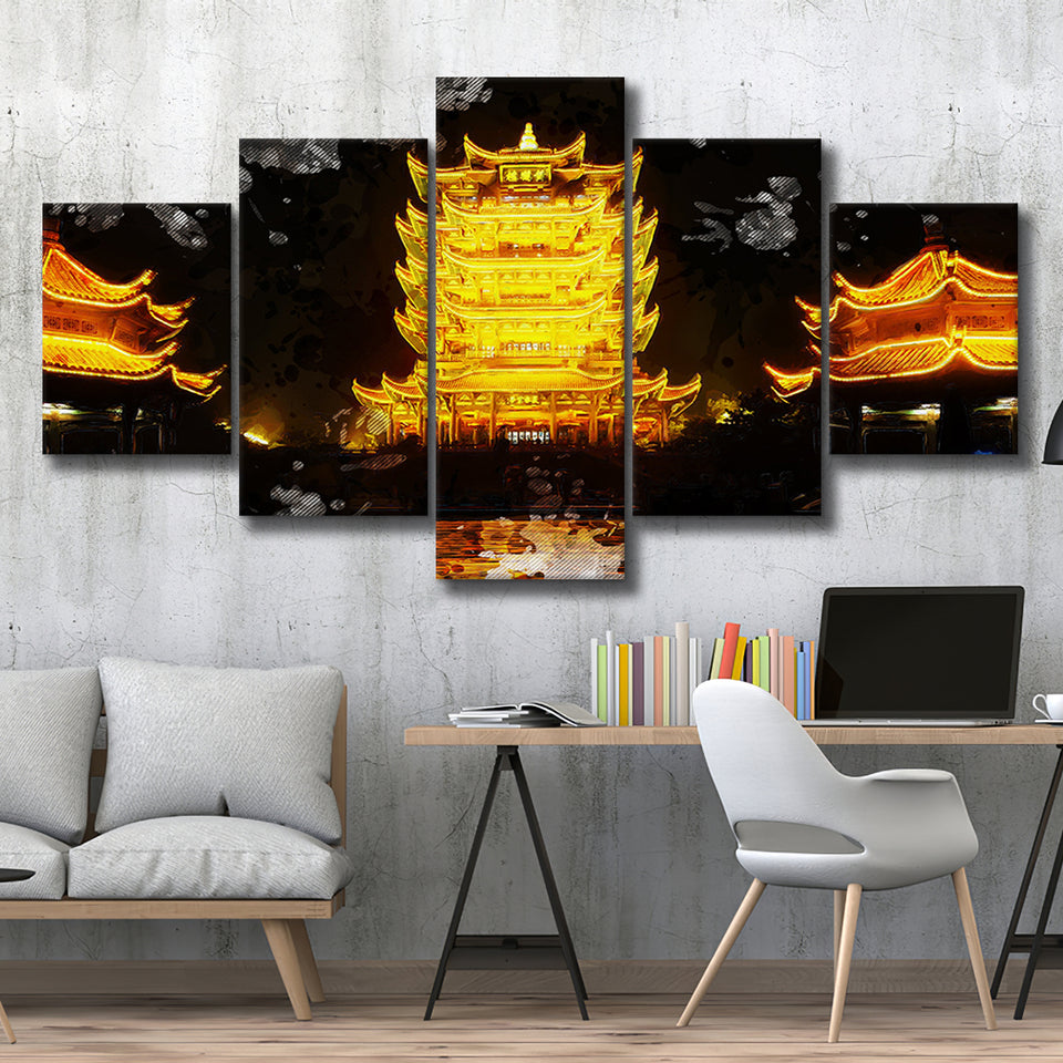 Yellow Crane Tower in Wuhan 5 Pieces Canvas Prints Wall Art Decor - Painting Canvas, Mixed Canvas, Multi Panels