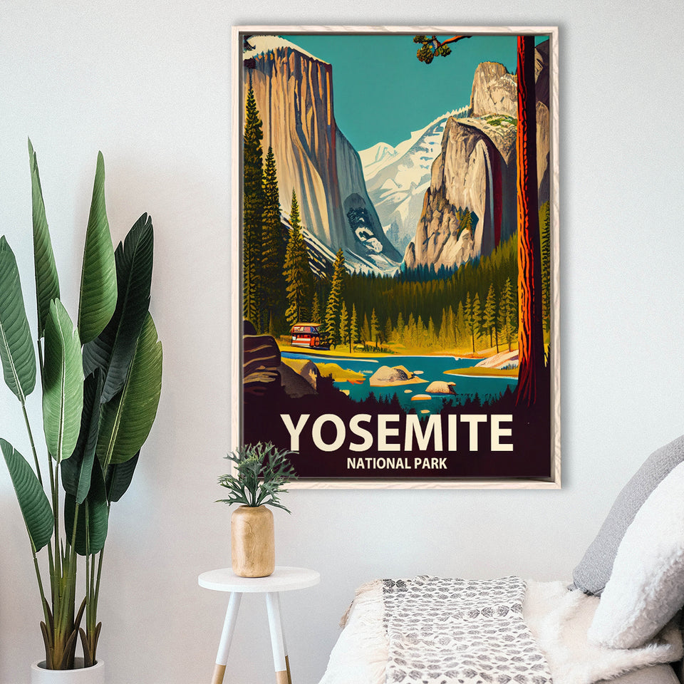 Yosemite National Park Retro Art Print, Large Canvas, Framed Canvas Print Wall Art Home Decor, Floating Frame