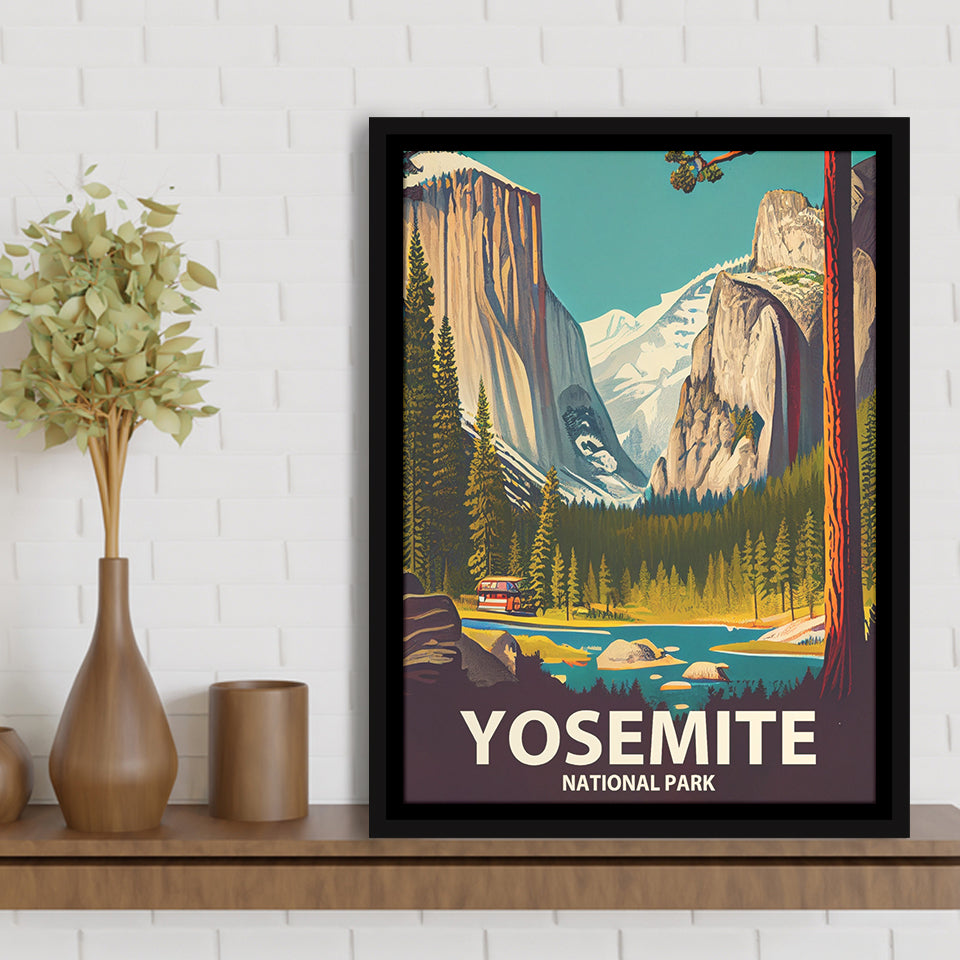 Yosemite National Park Retro Art Print, Large Canvas, Framed Canvas Print Wall Art Home Decor, Floating Frame