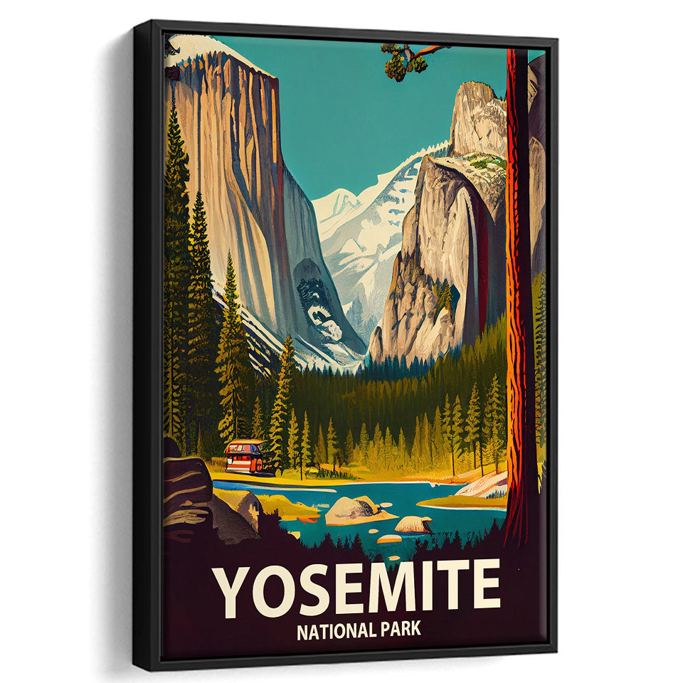 Yosemite National Park Retro Art Print, Large Canvas, Framed Canvas Print Wall Art Home Decor, Floating Frame