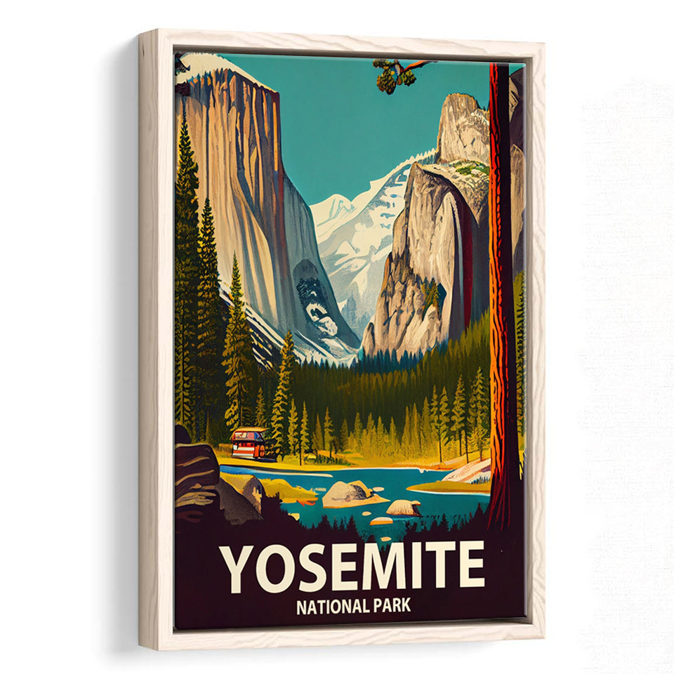 Yosemite National Park Retro Art Print, Large Canvas, Framed Canvas Print Wall Art Home Decor, Floating Frame
