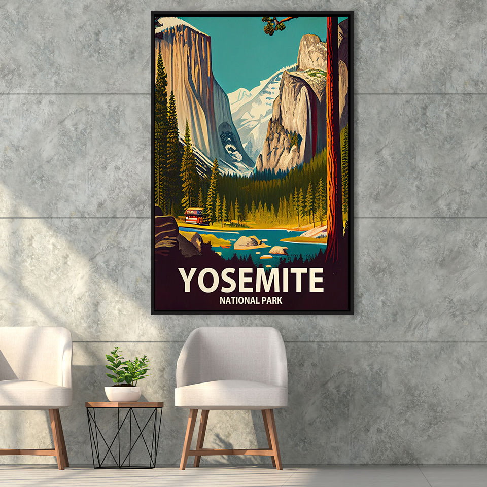 Yosemite National Park Retro Art Print, Large Canvas, Framed Canvas Print Wall Art Home Decor, Floating Frame
