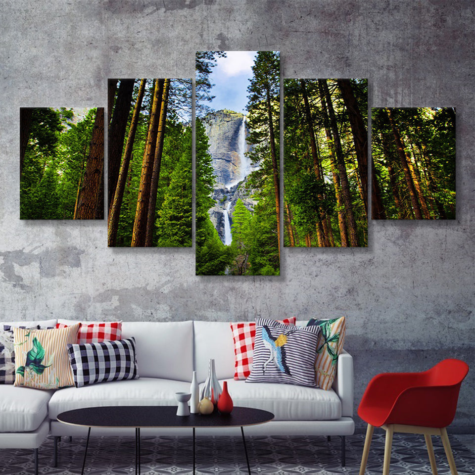 Yosemite Waterfalls behind Sequoias 5 Piece Canvas Prints Wall Art Decor - Painting Canvas, Multi Panels