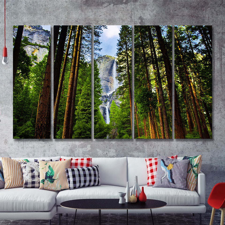 Yosemite Waterfalls behind Sequoias 5 Piece B Canvas Prints Wall Art Decor - Painting Canvas, Multi Panels