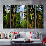 Yosemite Waterfalls behind Sequoias 5 Piece B Canvas Prints Wall Art Decor - Painting Canvas, Multi Panels