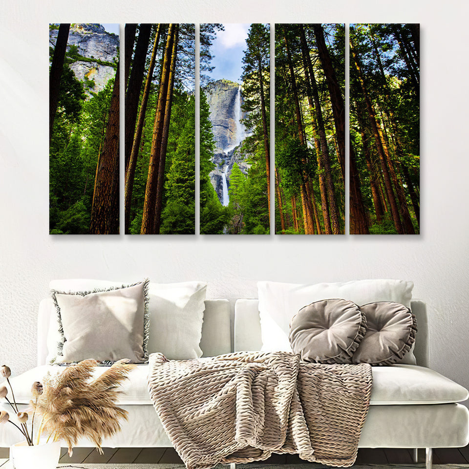 Yosemite Waterfalls behind Sequoias 5 Piece B Canvas Prints Wall Art Decor - Painting Canvas, Multi Panels