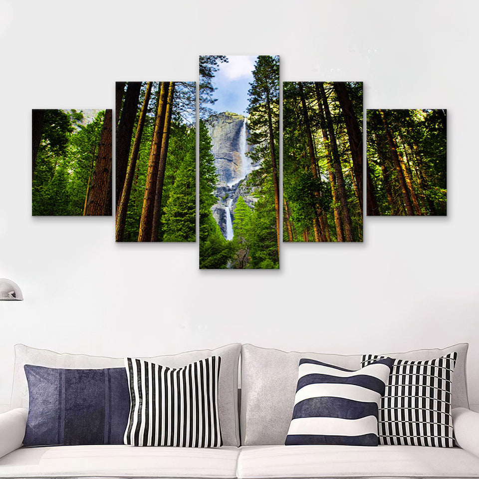 Yosemite Waterfalls behind Sequoias 5 Piece Canvas Prints Wall Art Decor - Painting Canvas, Multi Panels