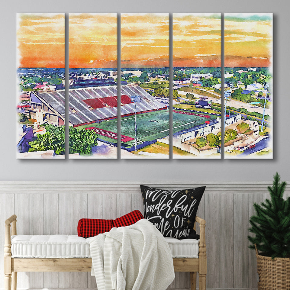 Youngstown State Penguins Stambaugh Stadium Watercolor, 5 Pieces B, Multi Panel Canvas Prints Wall Art Decor