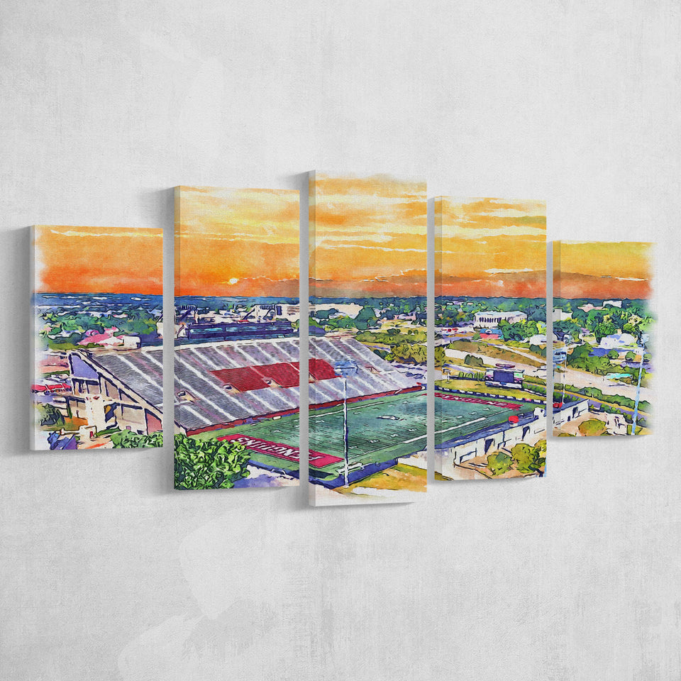 Youngstown State Penguins Stambaugh Stadium Watercolor, 5 Pieces, Multi Panel Canvas Prints Wall Art Decor