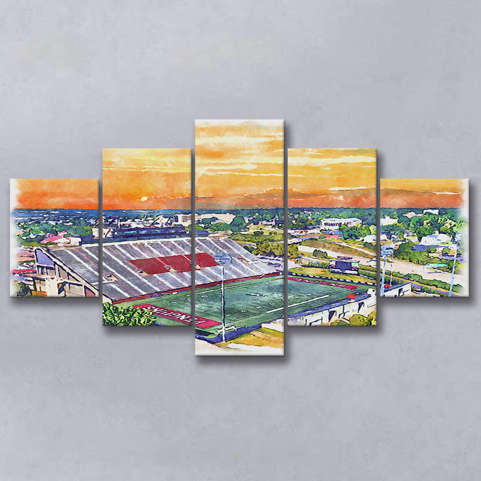 Youngstown State Penguins Stambaugh Stadium Watercolor, 5 Pieces, Multi Panel Canvas Prints Wall Art Decor