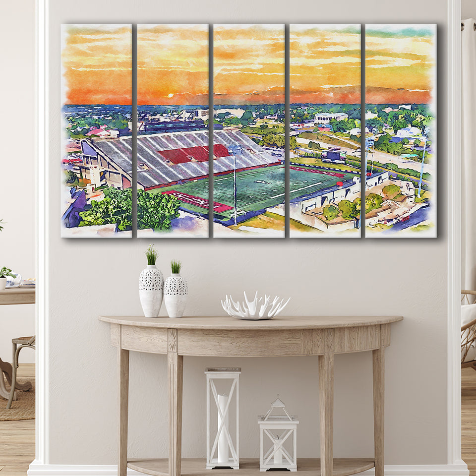 Youngstown State Penguins Stambaugh Stadium Watercolor, 5 Pieces B, Multi Panel Canvas Prints Wall Art Decor